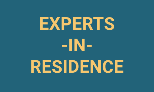 Yellow text on a blue background that says "experts in residence."