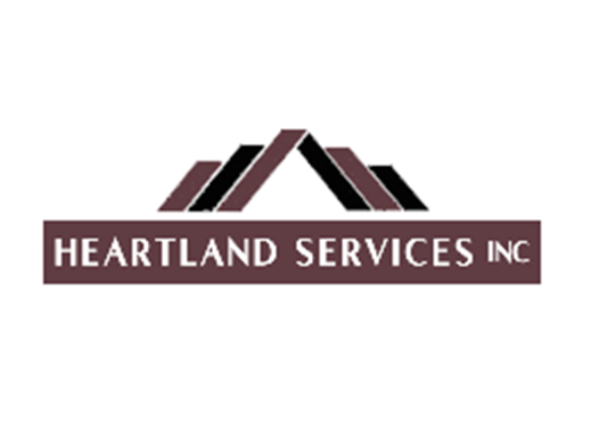 Heartland Services Inc logo - "Heartland Services Inc" is in white font on a brown rectangle. Above the text are chunky lines that form a peak.