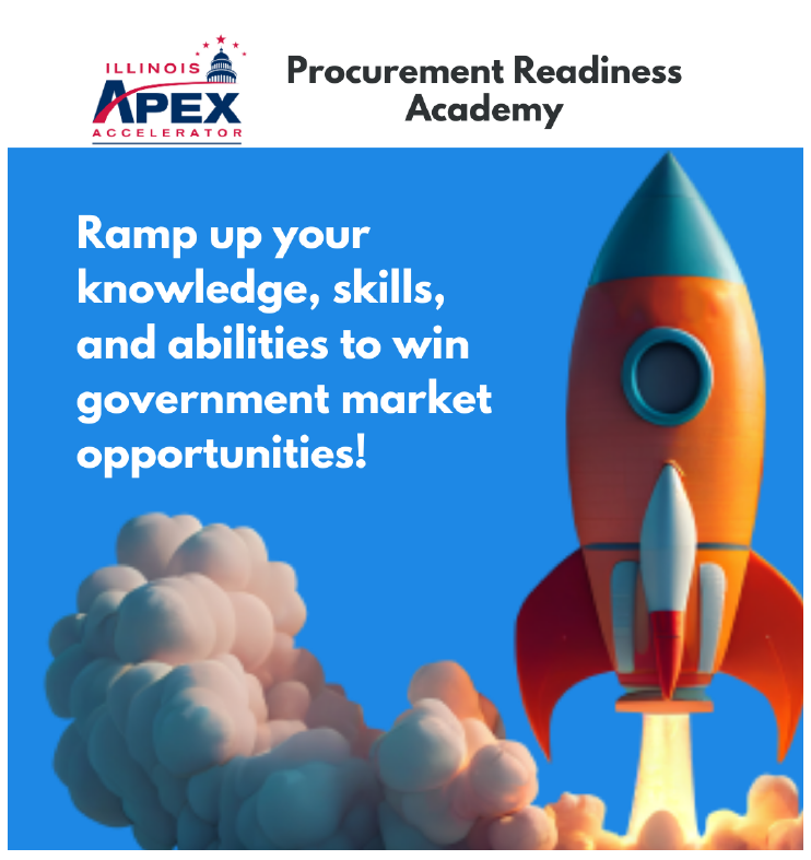 Large text says " Ramp up your knowledge, skills, and abilities to win government market opportunities! There is a rocket taking off and creating a smoke cloud. 