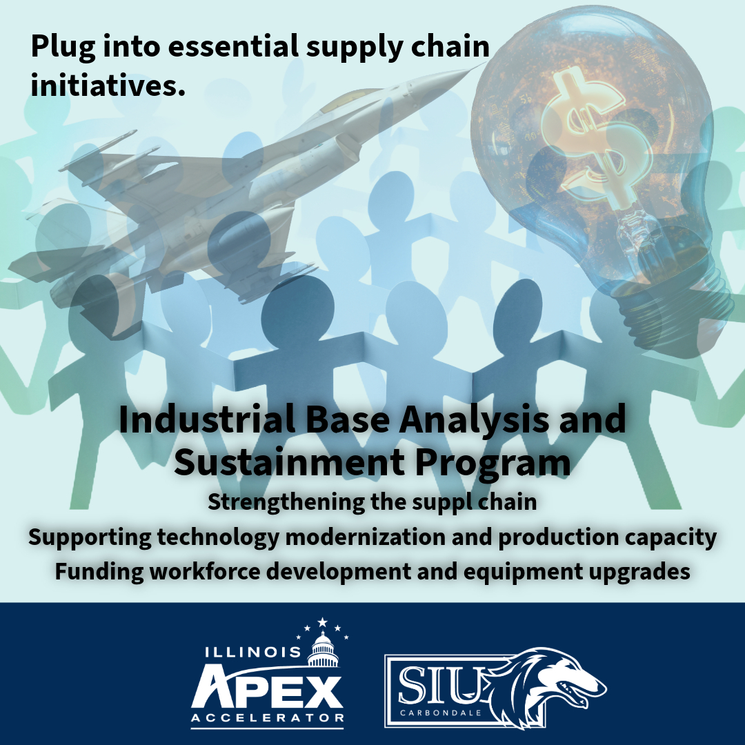 Background image includes a fighter jet, a light with a dollar sign in it, and a chain of paper-cut-out people. Text says, "Plug into essential supply chain initiatives. Intro to the Industrial Base Analysis and Sustainment Program."
